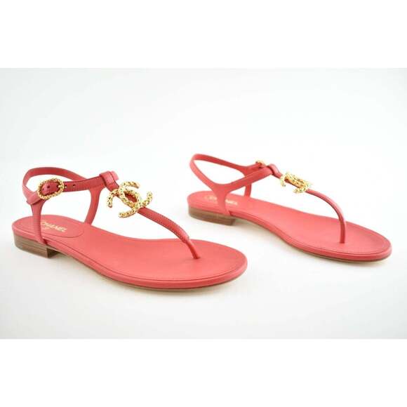 Chanel 20C Red Lambskin Gold CC Logo Mule Ankle Strap Thong Sandal Flat 36.5C - Picture 5 of 9